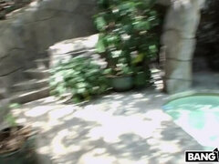 Amateur blonde jerks off cock outdoors