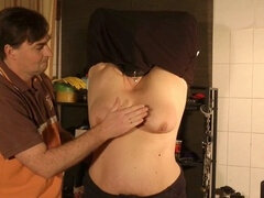 BBW German milf gets her big natural tits lashed with a stainless steel flog in extreme BDSM torment