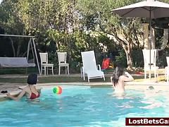 Bella Angel, Kitty Katt and Stunning Brunette Babe Strip Tease in Sizzling Lesbian Volleyball on