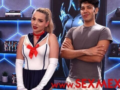 Cosplay blonde in red boots and white fishnets gets slammed from behind