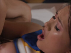 Cheerleader cutie is going to massage his cock with her hole