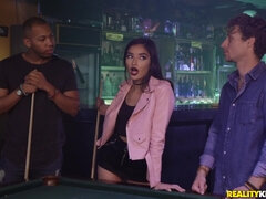 Two horny men fuck Emily Willis in all holes from both sides at a pub