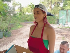 Big ass redhead girl gets banged at a veggie stand