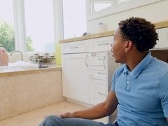 Shameless brunette with juicy melons fucks plumber in the bathroom