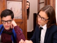 お尻, フェラチオ, 茶髪の, 女 人男 人, 手コキする, ハードコア, ティーン, 三人
