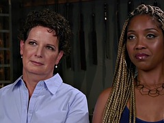 BDSM busty ebony Dom lesbian dominates in her wet pussy