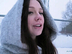 Angie Lynx struts in high stiletto heels on icy snow