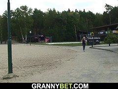 Busty blonde grandma sucks stranger's horny cock