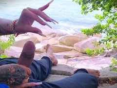 Amateur Teen Handjob Cumshot Surprise on Beach Outdoor Sex