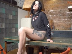 Stunning legs in pantyhose with petite breasts on full display