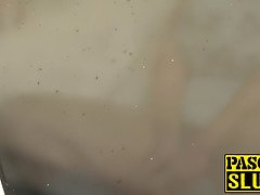 Chubby subslut Saskia Squirts slammed and fed with jizz