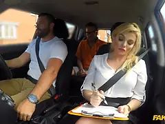 Perfect 10 blonde MILF with great tits and ass gets a cumshot in POV fake driving school