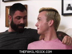 Blonde twink stepson in family threesome with stepdad and neighbor