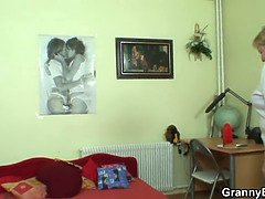 Huge old grandma sucks and rides young dick