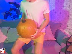Teen at Halloween College house party sneaky pumps a pumpkin before hot sexy Thai girl in cosplay leaves the party to offer up her tight wet pierced p