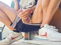 Risky public balcony jerk-off - Close call while shooting load
