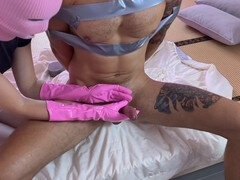 Bondage, Cumshot, Domination, Femdom, Gloves, Handjob, Latex, Mistress