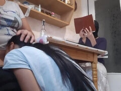 While my girlfriend is reading a book, my roommate licks my pussy - Lesbian Illusion Girls