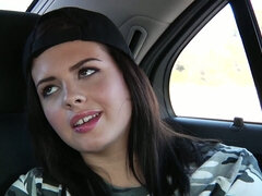 Keisha Grey squeezing her big natural tits on the backseat