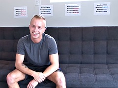Real amateur blonde stud jerks his hard cock at casting