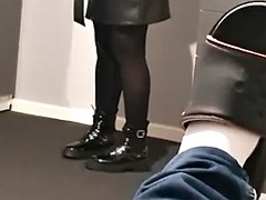 Stepmom in a leather skirt almost caught her stepson masturbating in her bed