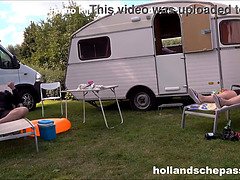 Watch this mature Dutch MILF get wild with a big dong outdoors