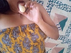 Thirsty for cock but settling for banana, naughty solo play with hot masturbation