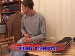 Horny amateur Brent Stenson strokes out a load on the kitchen table.
