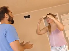 The blonde with small tits Melissa May has fun with black guys in front of her dad