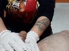 Gloves, edging handjob, cock tease
