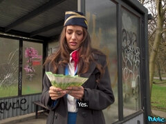 Brunette flight attendant with bold charm mesmerizes in a public thrill