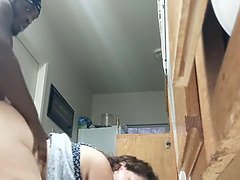 お尻, チン, バック, 黒人, 自家製, 異人種間, キッチン, フェラする