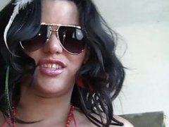 Love bubbles Latina in Red Thong Bikini Oils Her Large Boobs & Huge Bum