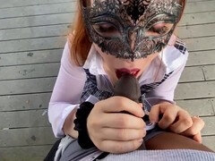 Mask, Outdoor, Redhead, Skirt, Tattoo