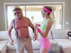 Mature guy gives workout tips for cute blond teen