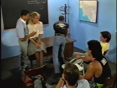 Blond MILF gets Gangbanged in a Classroom