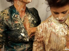 Schlampe, Zickenkampf, Nahrung, Satin, Strümpfe, Nass