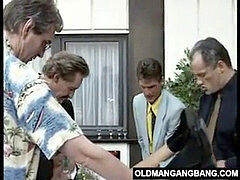 steaming young brown-haired gangbanged by 5 old dudes