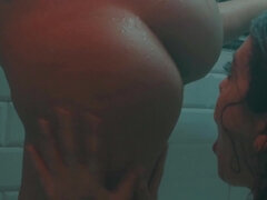 Bathroom, Bikini, Blonde, Interracial, Lesbian, Masturbation, Shower, Wet