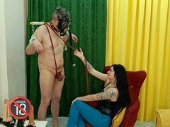 Sadomasochismus, Weibliche domination, Erniedrigung, Latex, Maske, Sklave, Gefesselt, Zug