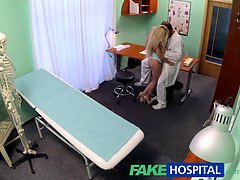 Sexy blonde teen with nice tits gets a full examination & deepthroats the doctor's big cock