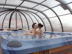 Angie Moon, a hot brunette teen, bonks her older man in all positions by the pool