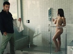 美女, デカパイ, フェラチオ, 茶髪の, 巨乳な, シャワー, オッパイの