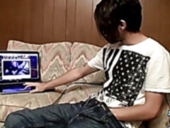 Hairy twink watches porn before stripping and stroking his shaft