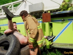 QUEER MAN X - Uniformed faggot bj'ed outdoor before sans a condom plumb