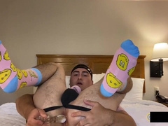 Bombshell uses glass fuck stick on cock-squeezing slot