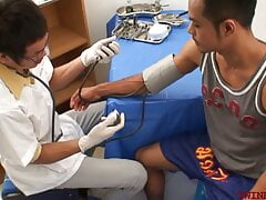 Inked Asian twunk barebacked for cumshot by his doctor