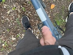 Me with cock hanging out while cycling turns into jerk off in the wood