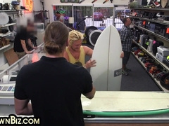 Amateur ash-blonde bottom 3 way drilled in the pawn supermarket office