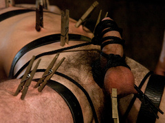 Hairy male gets clamped and roughly fucked in bondage scenes until exhaustion